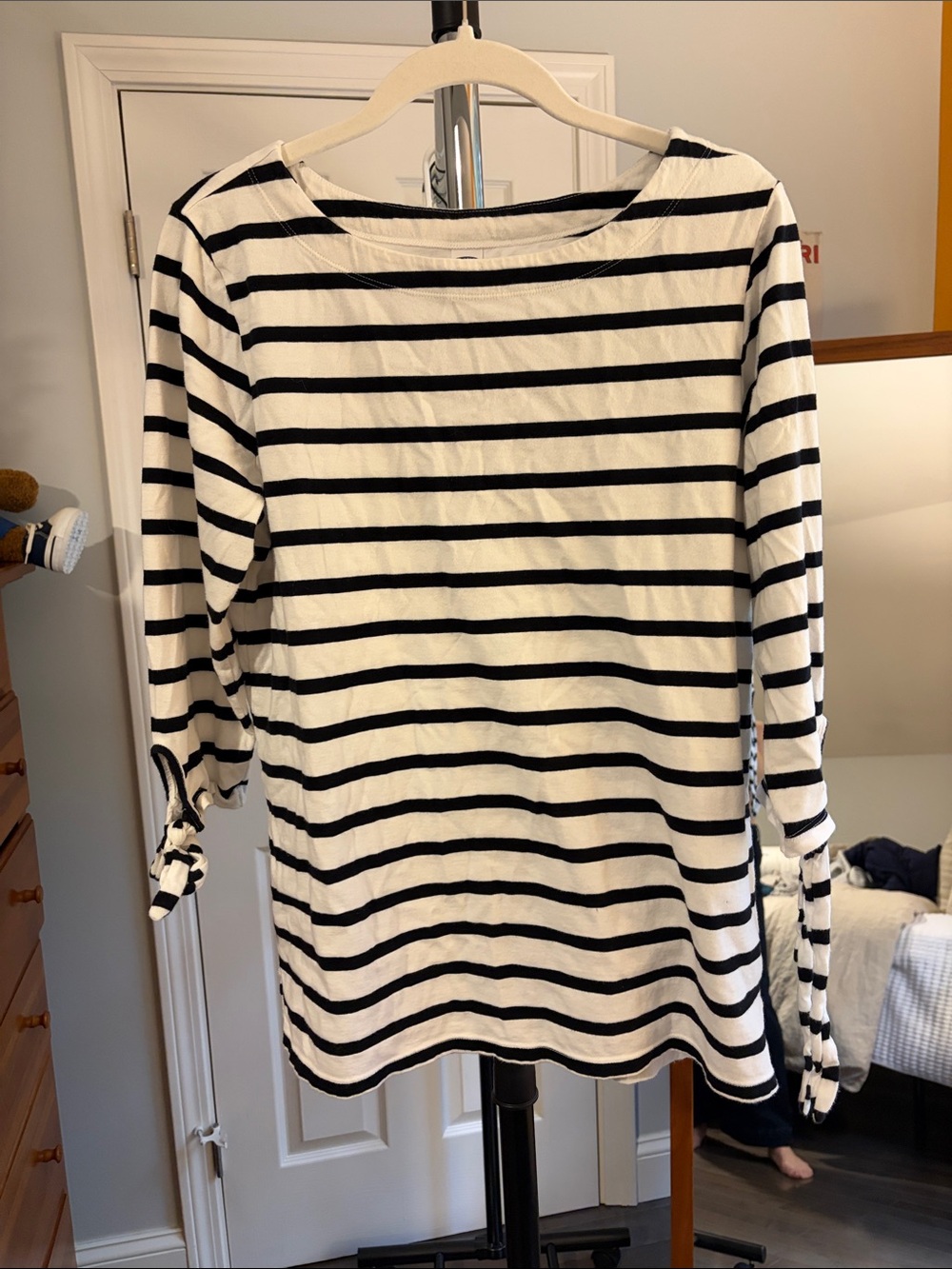 Old Navy Black & White Striped Boatneck Tie-Sleeve Top